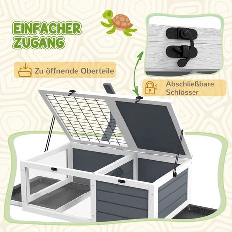 Maison pour tortue, terrarium 2 compartiments avec couvercle, bacs en plastique, fenêtre, bois, gris (1/5)