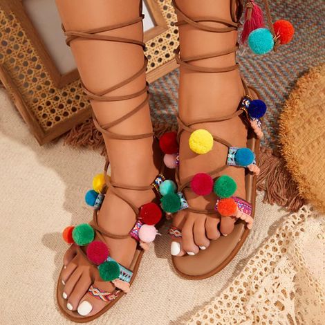 Sandalias de plataforma alta para mujer con borlas - Sandalias de tiras de cuero - Zapatos de cuña para mujer (1/5)