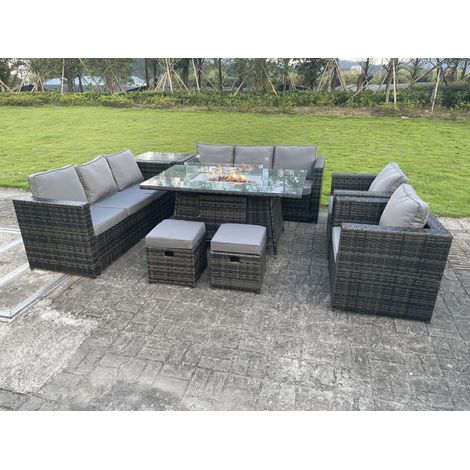 Fimous 10 Seater Outdoor Rattan Garden Furniture Gas Fire Pit Table Dining Set Gas Heater Lounge Chairs Small Footstools Dark Grey (1/3)