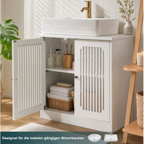 Meuble sous lavabo sur pied à double porte, façade à lamelles, blanc, 70x35,3x14,5 cm (1/5)