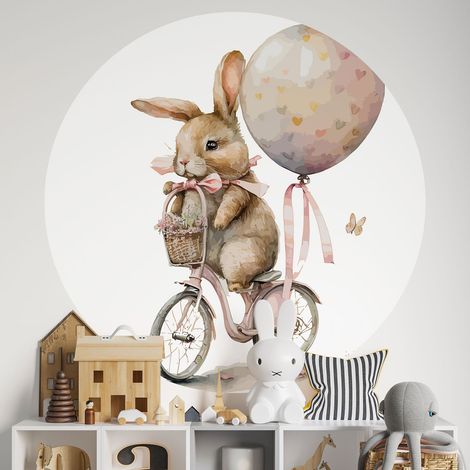 Sticker mural rond / cercle Enfants - Lapin en Vélo - Diamètre 50 cm - Adhésif MAT (1/2)