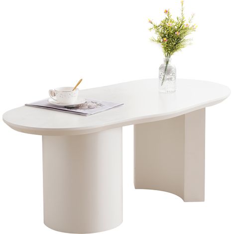 ELVMI Table Basse à Plateau Irrégulier avec Pied Cylindrique, Bords Polis, Finition Laquée, Salon, MDF, Blanc (1/5)