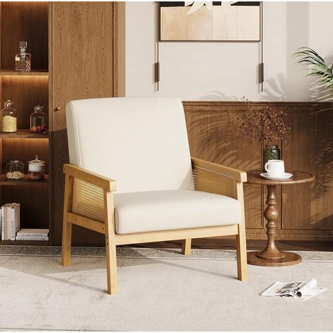 Holz Sessel mit Rattanseiten, gepolsterter Lesesessel beige (1/5)