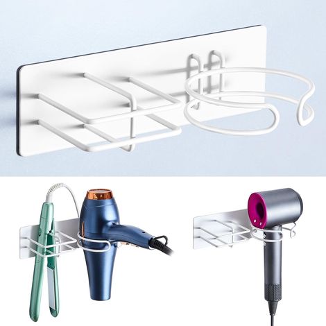 Support Seche Cheveux et Lisseur, Porte seche cheveux Mural, Porte Seche Cheveux et lisseur, Support seche cheveux Sans Percage pour Salle de Bains, Blanc (1/5)