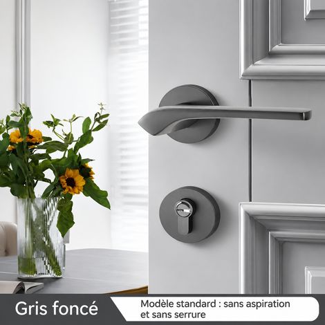 Serrure et poignée de porte intérieure en bois cercle gris 095 modèle silencieux avec clés pour pose encastrée – Livraison gratuite (1/5)