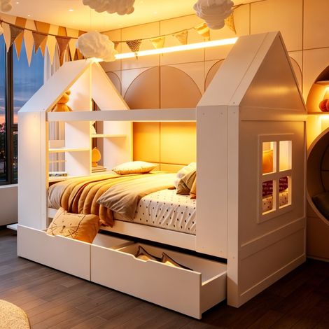 Lit cabane enfant 90x200 cm avec LED et rangements, blanc, en bois et MDF, sans matelas FloraGrace (1/5)