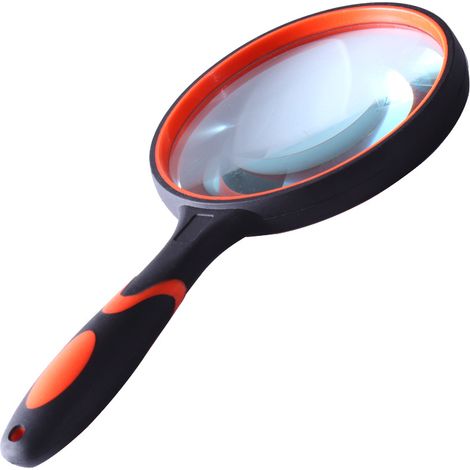Loupe de lecture 10x (orange et noire) avec poignée en caoutchouc souple, portable, pour personnes âgées et enfants (75 mm), idéale pour l'inspection