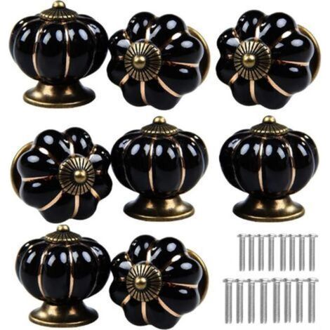 Poignées de porte en céramique en forme de citrouille, convenant aux cuisines, coiffeuses, tiroirs, armoires, etc. (Noir, lot de 8) (1/4)