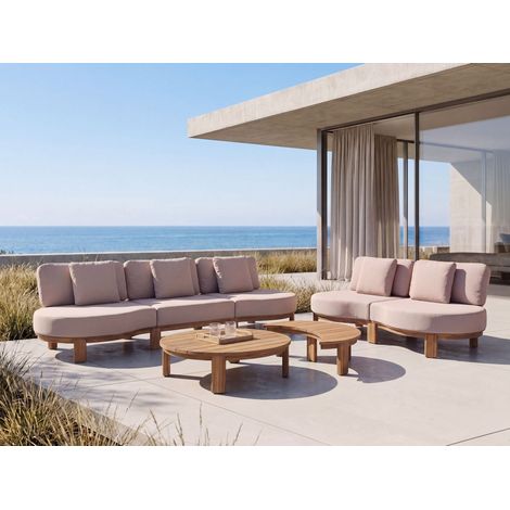 Conjunto de sofás de jardín de 5 plazas con mesitas patas de madera de acacia cojines de tela beige Arzello (1/5)