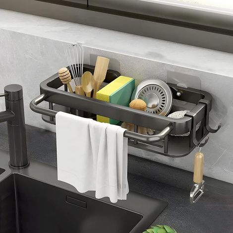 Organisateur d'évier pour cuisine, sans perçage, support de rangement pour accessoires de cuisine, étagère, porte-éponge, panier de rangement noir avec porte-serviettes et crochets