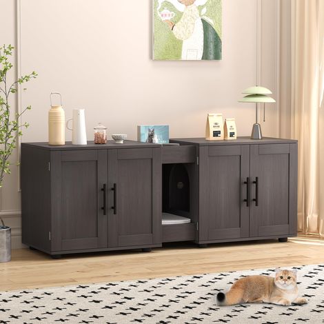 Meuble cache litière 2 compartiments Rangement multifonction Maison de toilette discrète Idéal 2 chats 140x45x57 cm - Noir Noix (1/5)