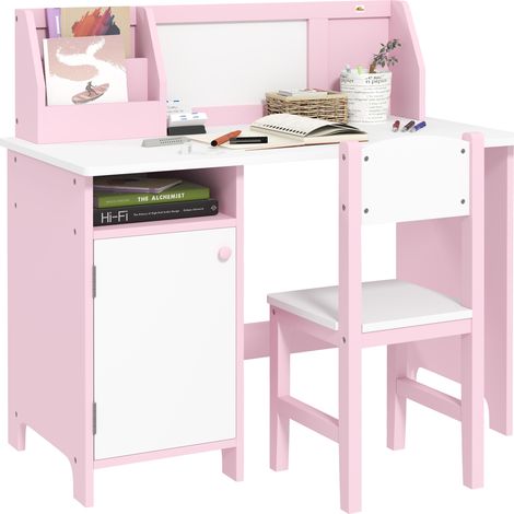 Bureau rose 90x45x85 cm en bois avec chaise, table, organiseur et tableau blanc, dès 5 ans, design enfant ludique pour chambre et salle de jeux pratique