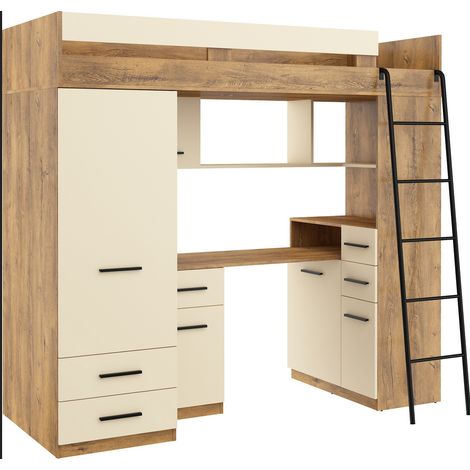 Letto soppalco con scrivania BIM Furniture SMYK P cm110x204x188h Rovere scuro Crema