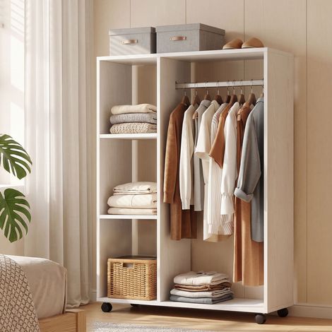 Armoire à roulettes, penderie mobile, portant à vêtements, support à vêtements roulant, 80 x 40 x 128 cm, blanc