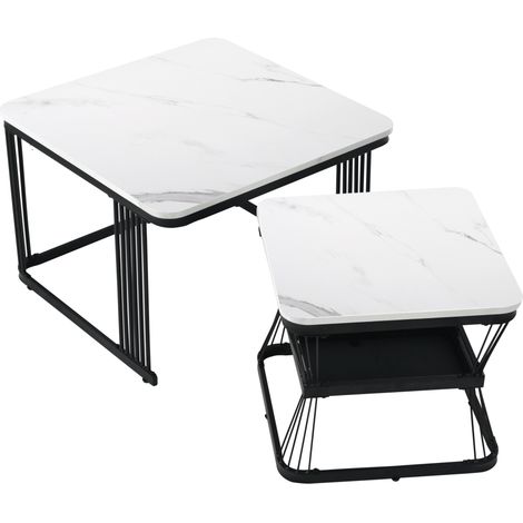 Set de 2 mesas auxiliares modernas blanco mármol MDF con estructura de acero negro (1/5)