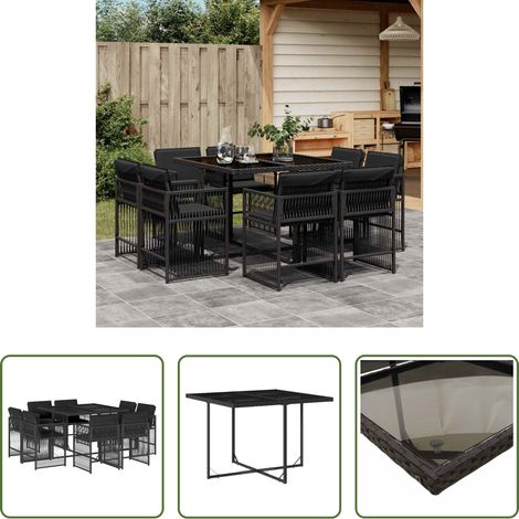 vidaXL Gartenstühle - 9-tlg. Garten-Essgruppe mit Kissen Schwarz Poly Rattan (1/5)