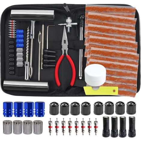 Kit de réparation de pneus, kit de 68 pièces pour pneus renforcés, outils universels pour réparer les crevaisons de pneus de voiture, moto, camion, SUV, camping-car, quad, tracteur, remorque. (1/5)