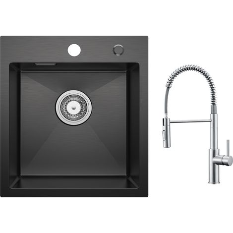 Cecipa Lavello Cucina 1 Vasca 40×45 cm Nero Lavello Cucina Acciaio Inox 304 Montaggio Ad Incasso + Miscelatore Cucina Spring con Doccetta Estraibile, Rubinetto Lavello 2 Modalità Uscita Acqua, Spazzol (1/5)