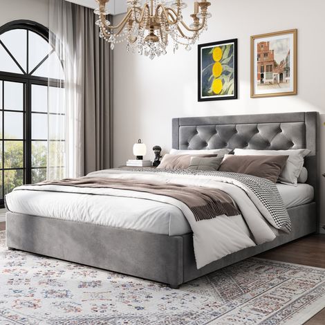 Lit rembourré 140×200cm gris,rangement hydraulique double,style Chesterfield,tête mousse,cadre acier,lit double velours confortable