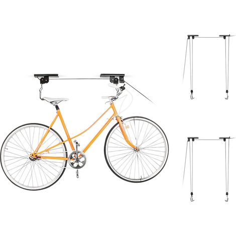 Set of 3 ceiling mount bike storage, up to 20 kg, 4 m ceiling height, with pulley, for the shed or garage, black