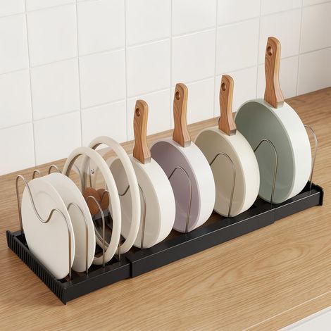 Rangement Couvercle Casserole,32–57cm Range Couvercle Casserole Extensible,Rangement Casserole Tiroir Cuisine avec 9 Séparateurs Réglables pour la Cuisine,Le Bureau,Le Restaurant(Noir) (1/4)