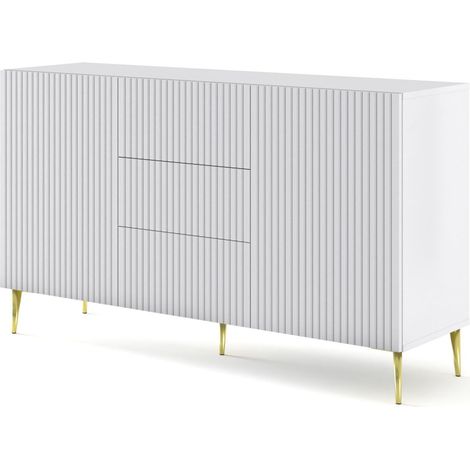 Commode de rangement Meuble universel Blanc Mat 150x42x87 RAVI B FILET 2D3S Pied or
