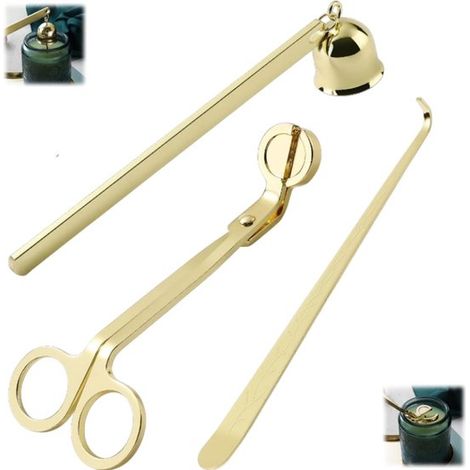 Juego de 3 piezas de herramientas para apagar velas, color dorado: tijeras para mecha de 14x6x0,4 cm, apagavelas de 16,5x3x4 cm y gancho de 16,5x1,5 cm. (1/5)