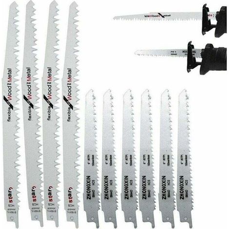 Set di 10 lame per sega alternativa in acciaio ad alto tenore di carbonio. 4 x R1021L (240 mm) + 6 x R644D (150 mm). Per il taglio del legno. Compatibili con seghe Makita, Bosch e Dewalt. Adatte per l (1/5)