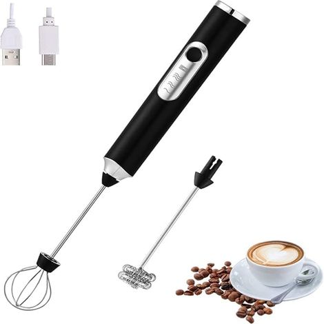 Mousseur à lait électrique portable avec 2 têtes interchangeables - Mélangeur mousse rechargeable USB, 3 vitesses pour latte, cappuccino, chocolat chaud et œufs, idéal pour amateurs de café - Noir, in (1/5)