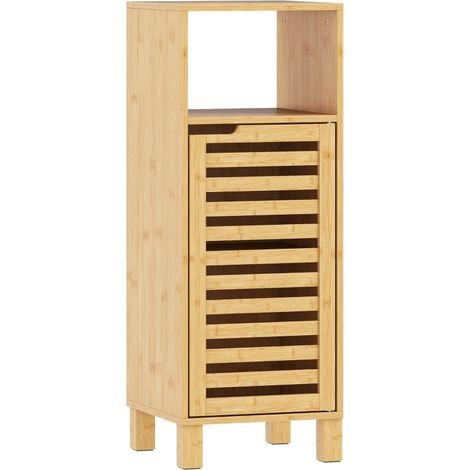 Armario de baño de bambú con estante abierto y puerta de lamas, 30 x 30 x 80 cm, marrón claro (1/5)