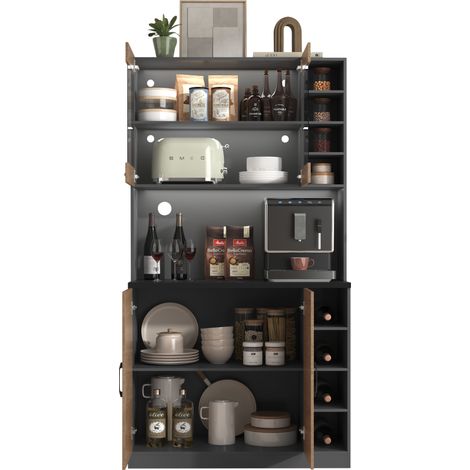Buffet de cuisine LED avec niches réglables, espace micro-ondes, grand rangement à portes, verre renforcé et câblage discret, gris blanc – CHICFURN (1/5)