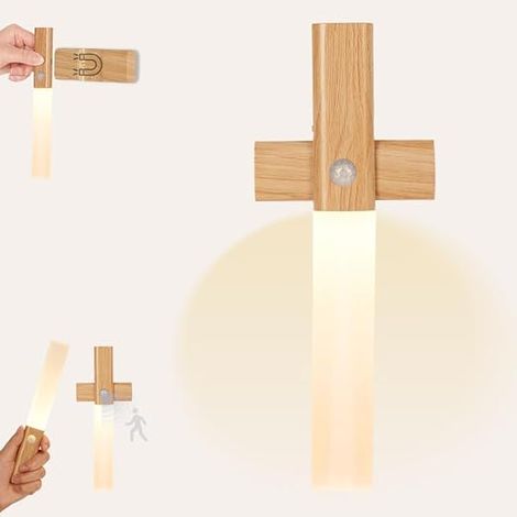 Wooden Wall Light Motion Sensor Rechargeable Indoor Wall Light Wireless Wall Lamp Magnetic Bedside Wall Lamp Stairs Bedroom Hallway (1/5)