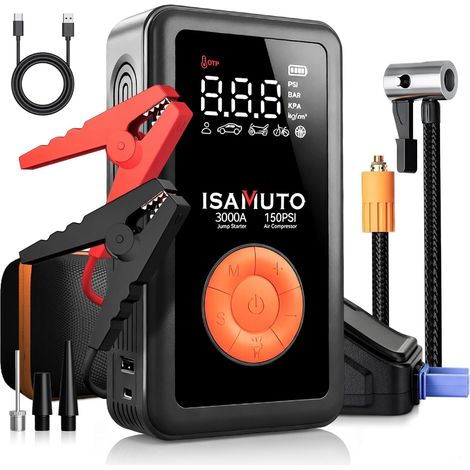Chargeur de voiture avec compresseur d'air 150 PSI, 3000 A Booster Batería 12 V, Gonfleur portable avec écran LCD, Power Bank 12000 mAh pour Coche Moto (1/5)