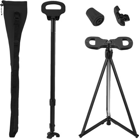 Canne, tabouret 2-en-1, hauteur réglable, noir (1/2)