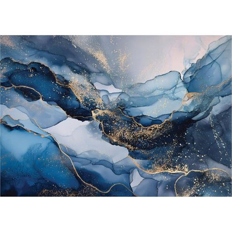 Papier peint mural marbre or bleu intissé grand format design intérieur salon chambre pas cher 400x280 cm