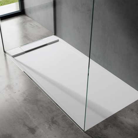 doporro Duschtasse Duschwanne 80x160x4 flach Mineralguss in Weiß DIN-Anschlüsse für bodengleiche Montage geeignet Geoma04