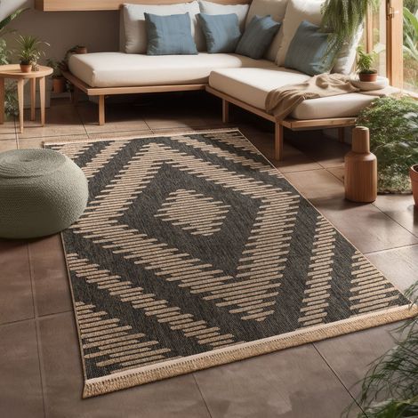 Paco Home Alfombra Salon Cocina Exterior Terraza Jardin Boho Floral Dibujo Geometrico 80x150 cm, Antracita 2 (1/5)