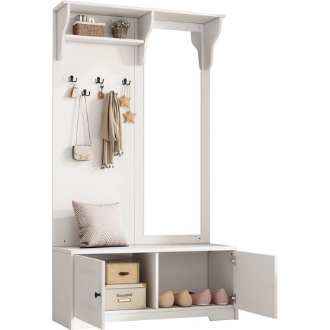 MODFU - Appendiabiti con specchio e scarpiera, 5 ganci, mobile da ingresso, 100×40×180cm, MDF, bianco (1/5)
