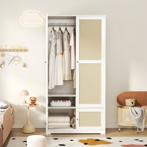 Rattan-Kleiderschrank – 90 x 48 x 180 cm – mit 2 Türen, Kleiderstange und Einlegeböden – aus MDF mit lackierten Fronten – weiß