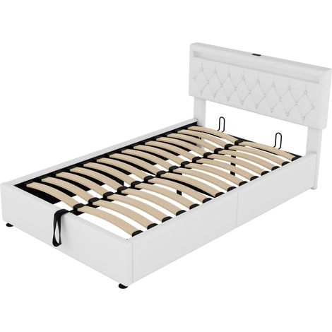 Letto contenitore 140 x 200 cm in lino con LED, USB e USB-C, bianco (1/5)