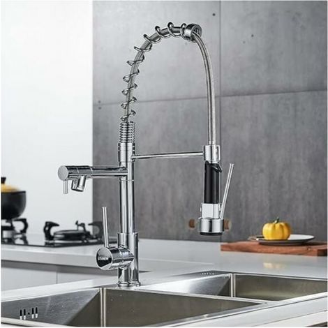 Rubinetto da cucina girevole a 360°, rubinetto da cucina in ottone cromato, miscelatore da cucina a due getti con getto flessibile argento (1/5)