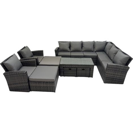 Fimous Rattan Garden Furniture Set 9 Pieces Outdoor Garden Sofa Oblong Coffee Table Set with Chair 4 Footstools Dark Grey Mixed (1/5)