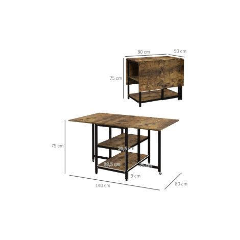 Table à manger pliante marron rustique en acier 140 x 80 cm sur roulettes avec 2 plateaux pour cuisine salle à manger et terrasse (1/5)