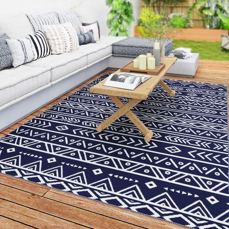 Tapis d'extérieur double face, motif géométrique, sac de rangement inclus, 182 x 274 cm, coloris bleu et blanc. (1/5)