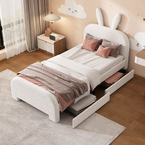Lit 90x200cm - Lit Simple 90x200 - Lit Enfant avec Tête de Lit en Lapin et  2 Tiroirs - Structure en MDF - en Peluche Blanc (1/5)