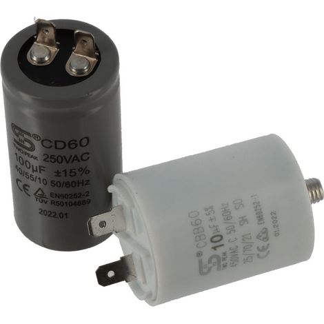 2 condensateurs CD60 100 uF 250 VAC - CBB60 16 uF 450 VAC 50/60Hz pour ponceuse stationnaire à bande - pour ref OXEO 760176