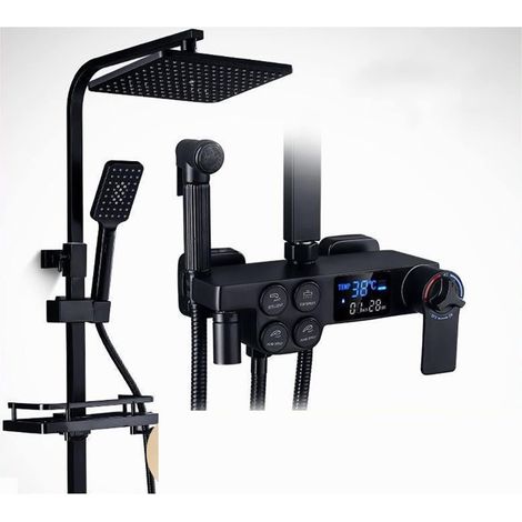 Ensemble de douche mitigeur thermostatique intelligent Ensemble de robinet de douche thermostatique à affichage noir robinet de baignoire à effet pluie avec étagère de salle de bain débit d'eau produi (1/5)