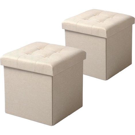 WOLTU Juego de 2 Taburetes con Almacenamiento Plegable Asiento de Lino Acolchado Tapa Extraíble 37.5x37.5x38CM (LxWxH) Crema (1/5)