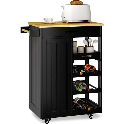 Küchenwagen Bealife Servierwagen mit 1 Schublade 1 Schranktür Sowie Handtuchstange Haken an der Seite Verstellbare Ablagen für Küche Esszimmer Schwarz 74,5 x 90,5 x 40 cm