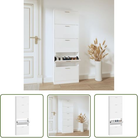 The Living Store Schuhschrank Hochglanz-Weiß 59x17x169 cm Holzwerkstoff - Schuhschrank - Holzwerkstoff - Weiß - Garderobe - Schrank (1/5)